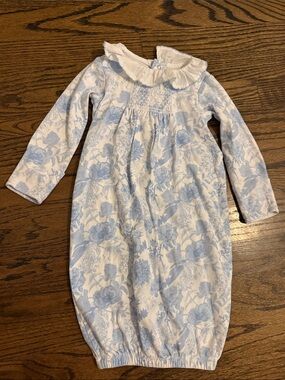 Edgehill Collection Blue and White Floral Gown with Ruffle Collar 0-6M
